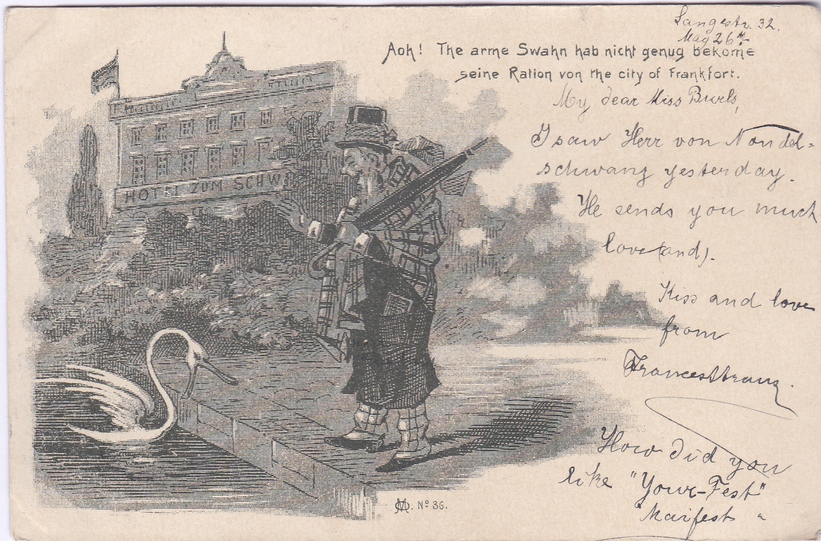 Postcards-Germany (Frankfurt) 1890's advert postcard Hotel Zum Swahn - elderly gent feeding a