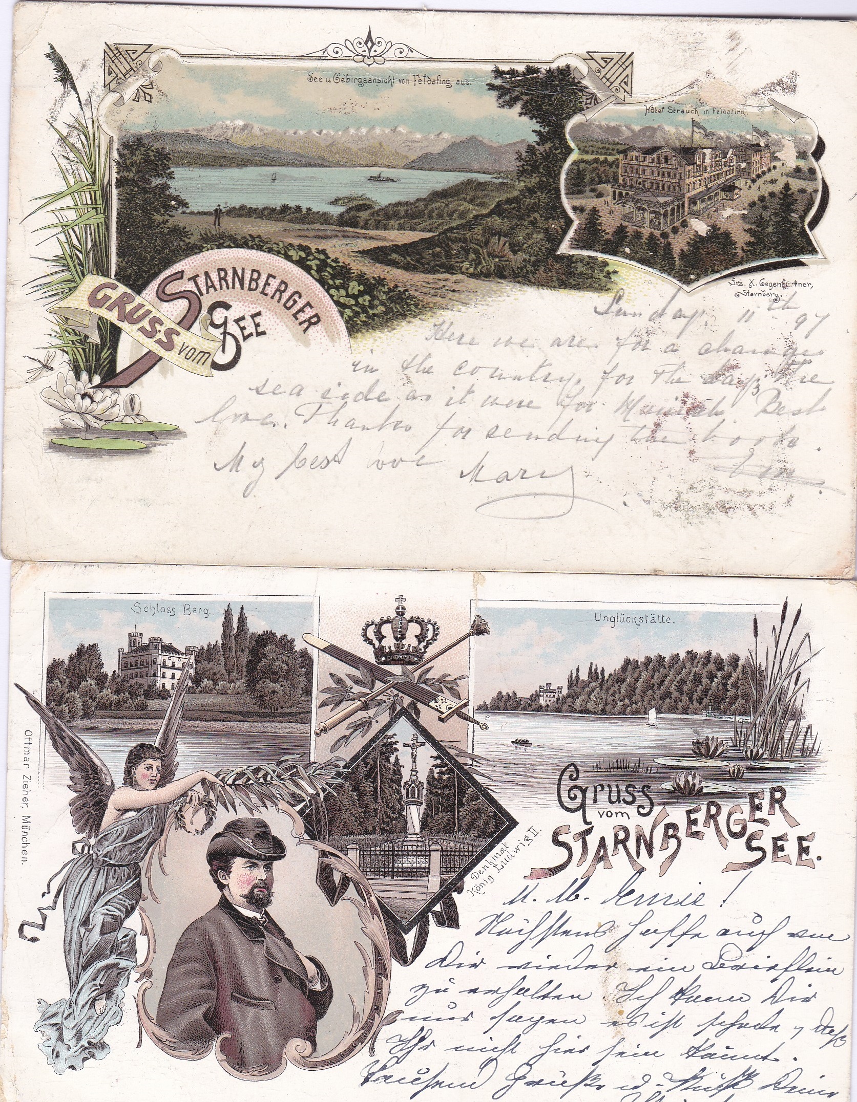 Postcards-Germany - Starnberger See-Two 1897 chromo postcards, one pub Offimar Zieher, Munich