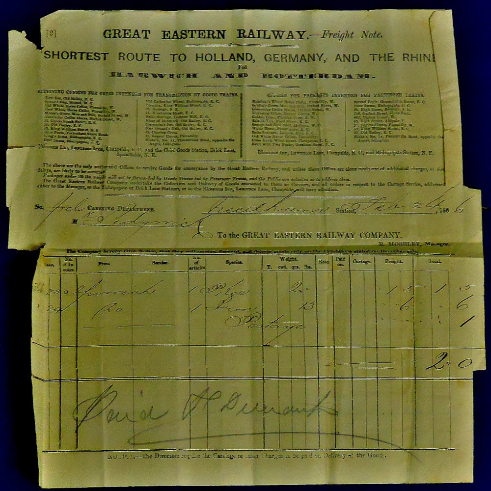 Freight Note - Dated 24th February 1866 By Great Eastern Railway. A little battered but still an