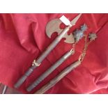 Medieval Replica weapons (3) including: two flails and Halberd axe. A nice lot