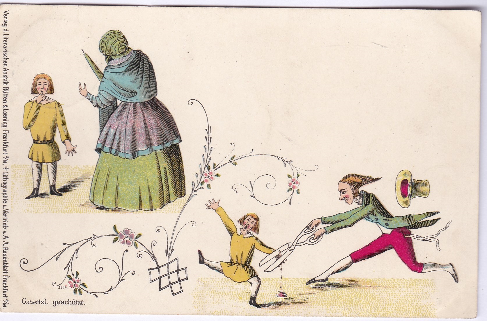 Postcards-Germany 1898 used comic card - young child looses a finger from scissors! Pub Rutten +