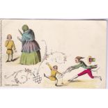 Postcards-Germany 1898 used comic card - young child looses a finger from scissors! Pub Rutten +