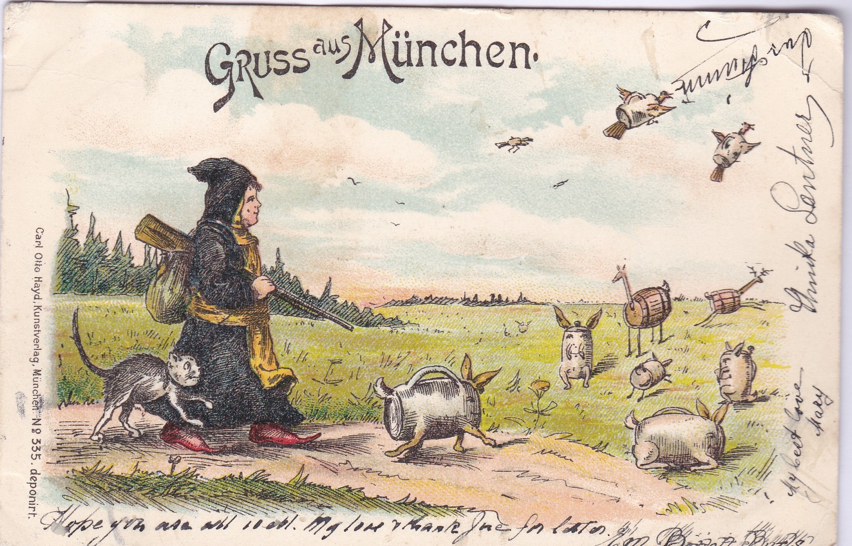 Postcards-Germany (Munich) 1897-used comic card, animals in power kegs being launched as missiles!