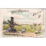 Postcards-Germany (Munich) 1897-used comic card, animals in power kegs being launched as missiles!