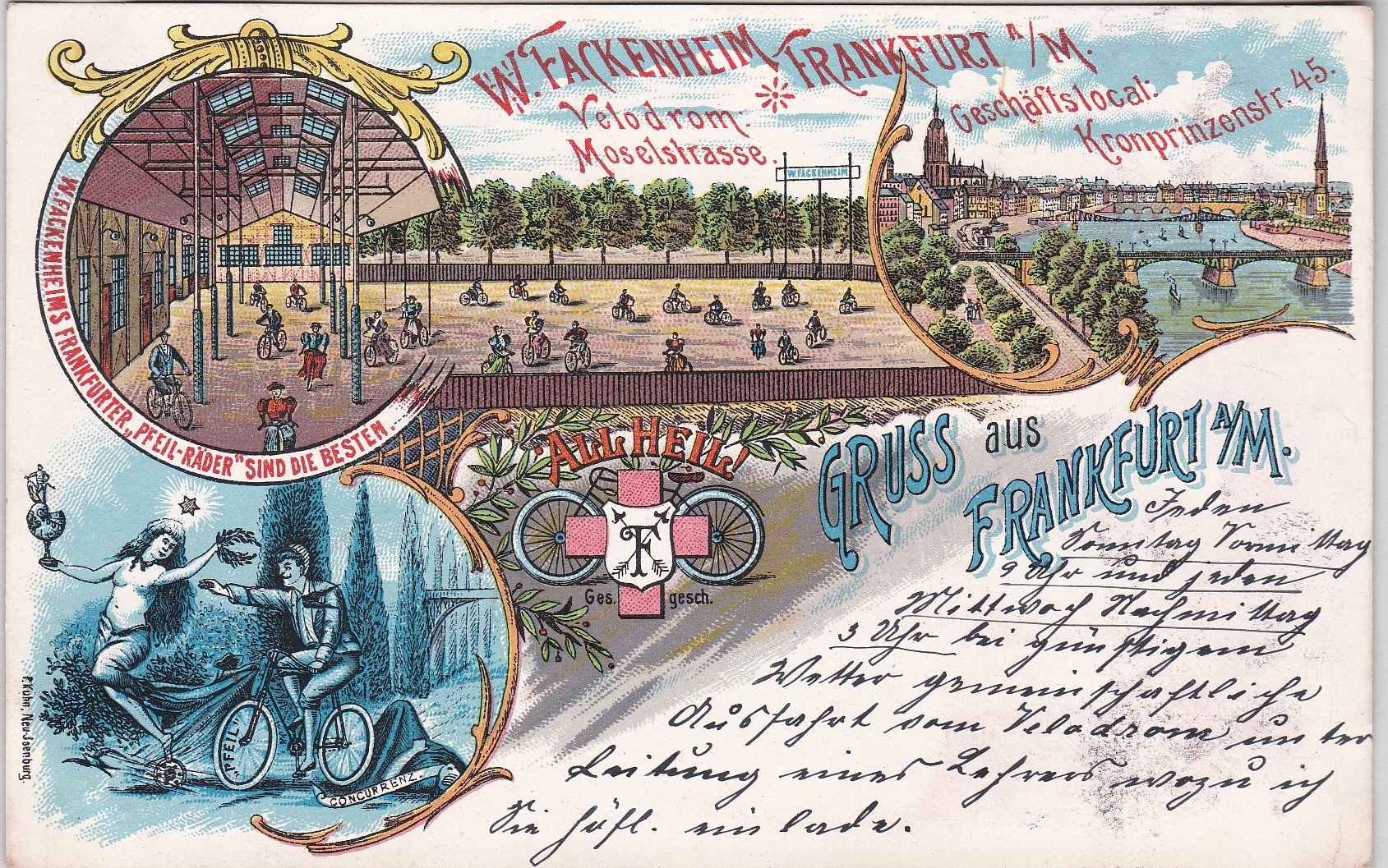 Postcards-Germany 1897-used Gruss aus Frankfurt A/M very fine chromo card W.Fackenheim Velodrom