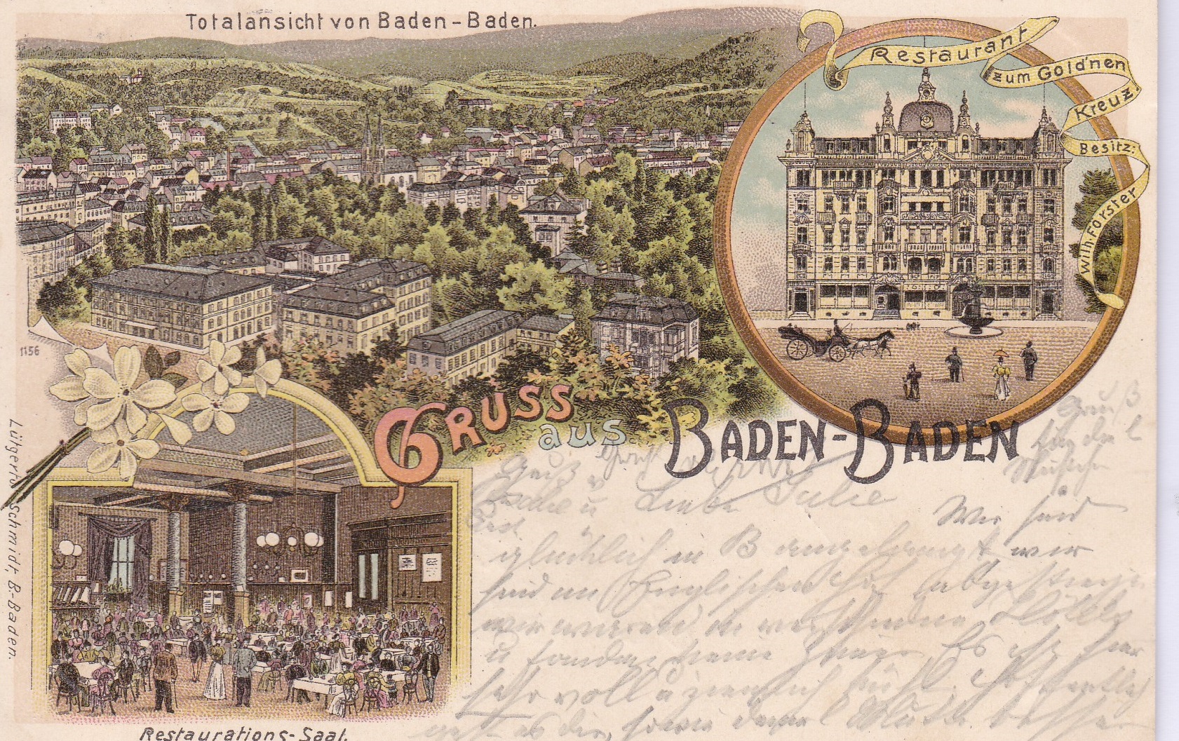 Postcards-Germany 1898-chromo Gruss aus Baden-Baden-panoramic view and restaurant adverts-Golden