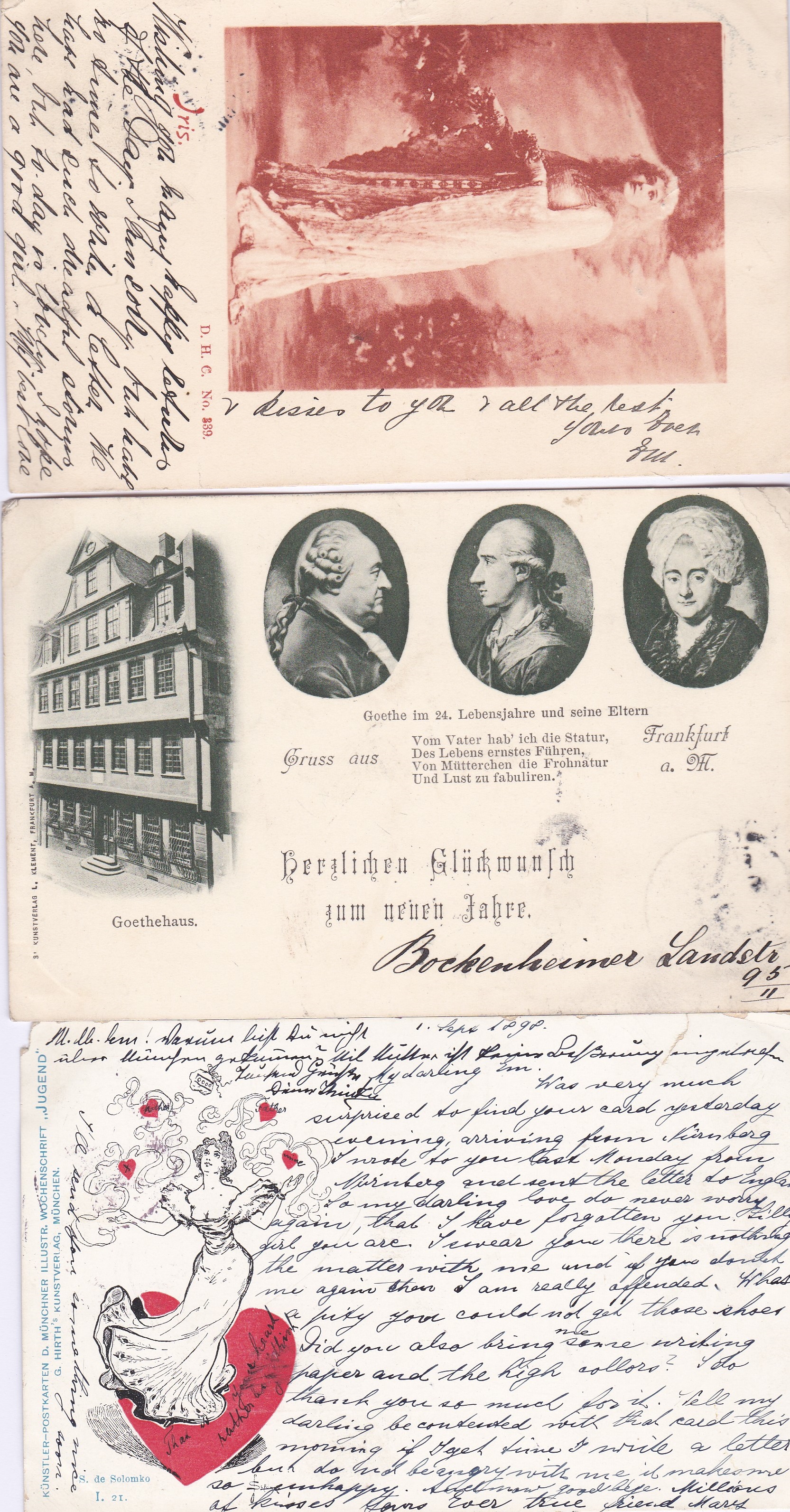 Postcards-Germany-Three early cards-Valentine, Iris and Gofthe-used 1898/1899 (3)