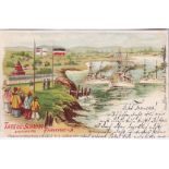 Postcards-Germany 1897-Thee-Schmidt advertisement chrome postcard, used 1898, Warships and Navel