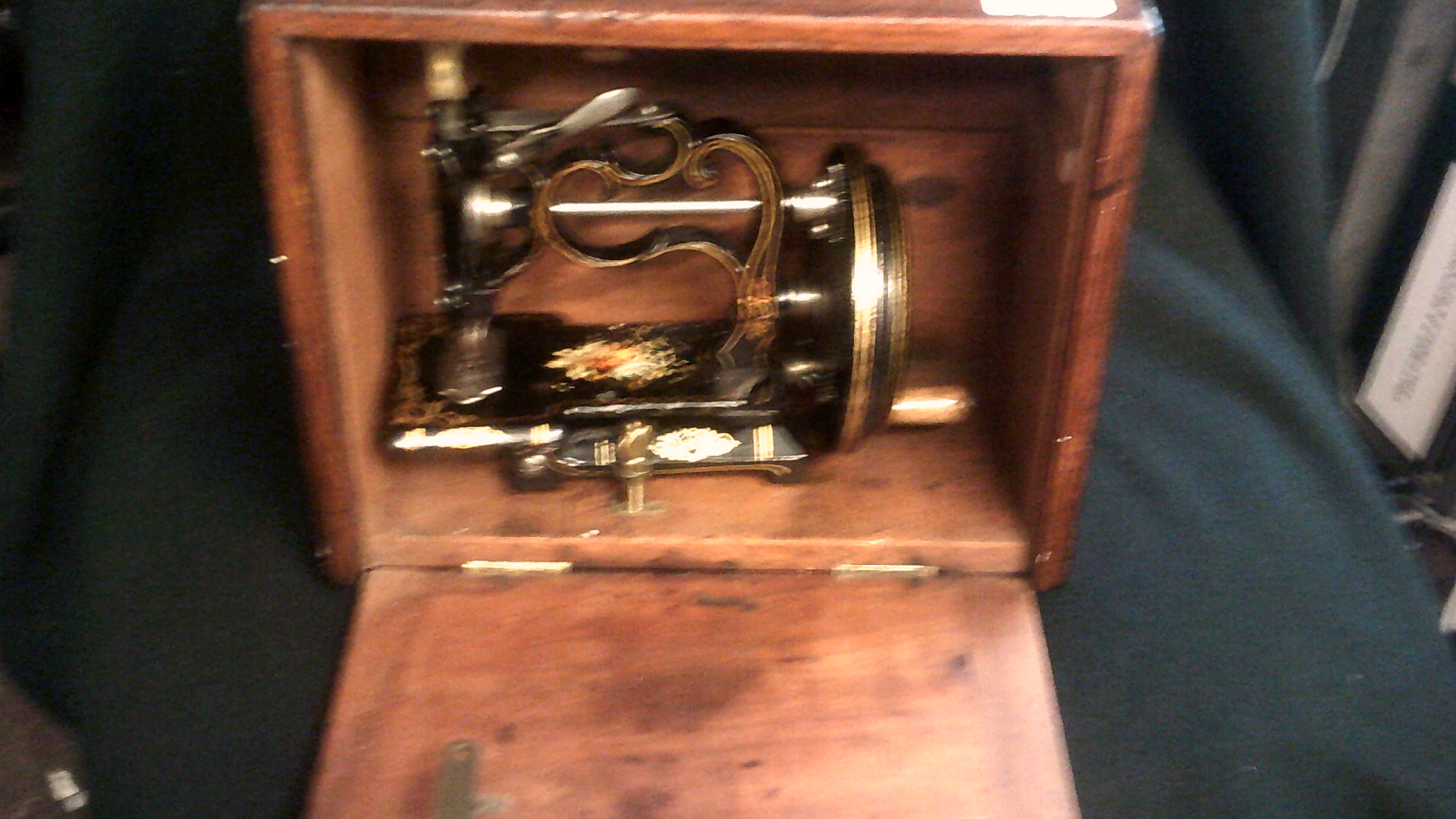 Small Sewing Machine-Patten July 30th 1861, in original wood case with Key, in full working