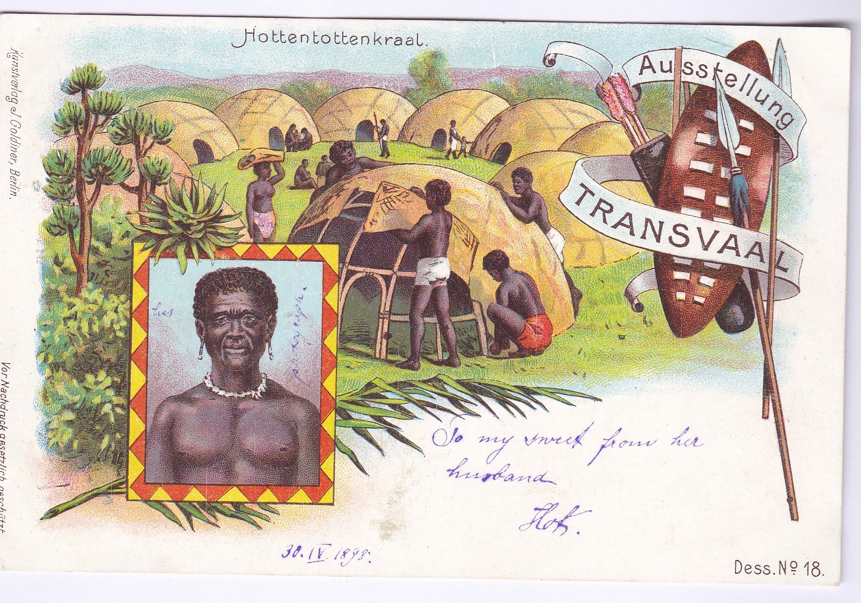 Postcards-German/Transvaal/Ethnic 1898-chromo postcard Natives, 'Hottentottenkraal' Dress No.18, pub