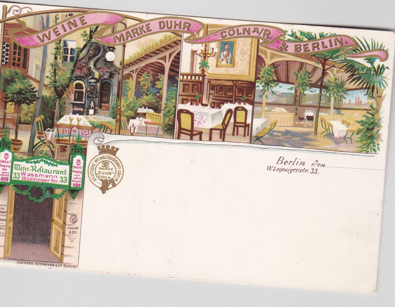 Postcards-Germany 1890's-chromo advertising card Wein Restaurant, Leipziger Str