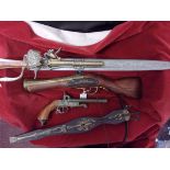Replica weapon lot (4) including: A blunderbuss, two barrelled musket pistol, Crossbow and musket