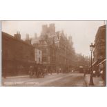 Postcard-Leicester 1912-used RP Granby Street-Trams, Carts, Gas lamp, very fine card, used