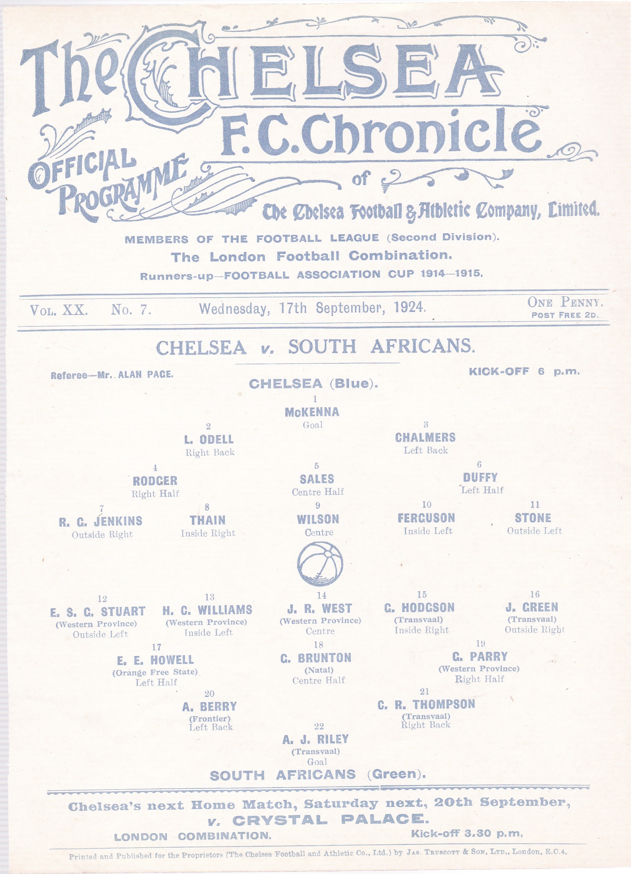 Chelsea v South Africans 1924 September 17th VG