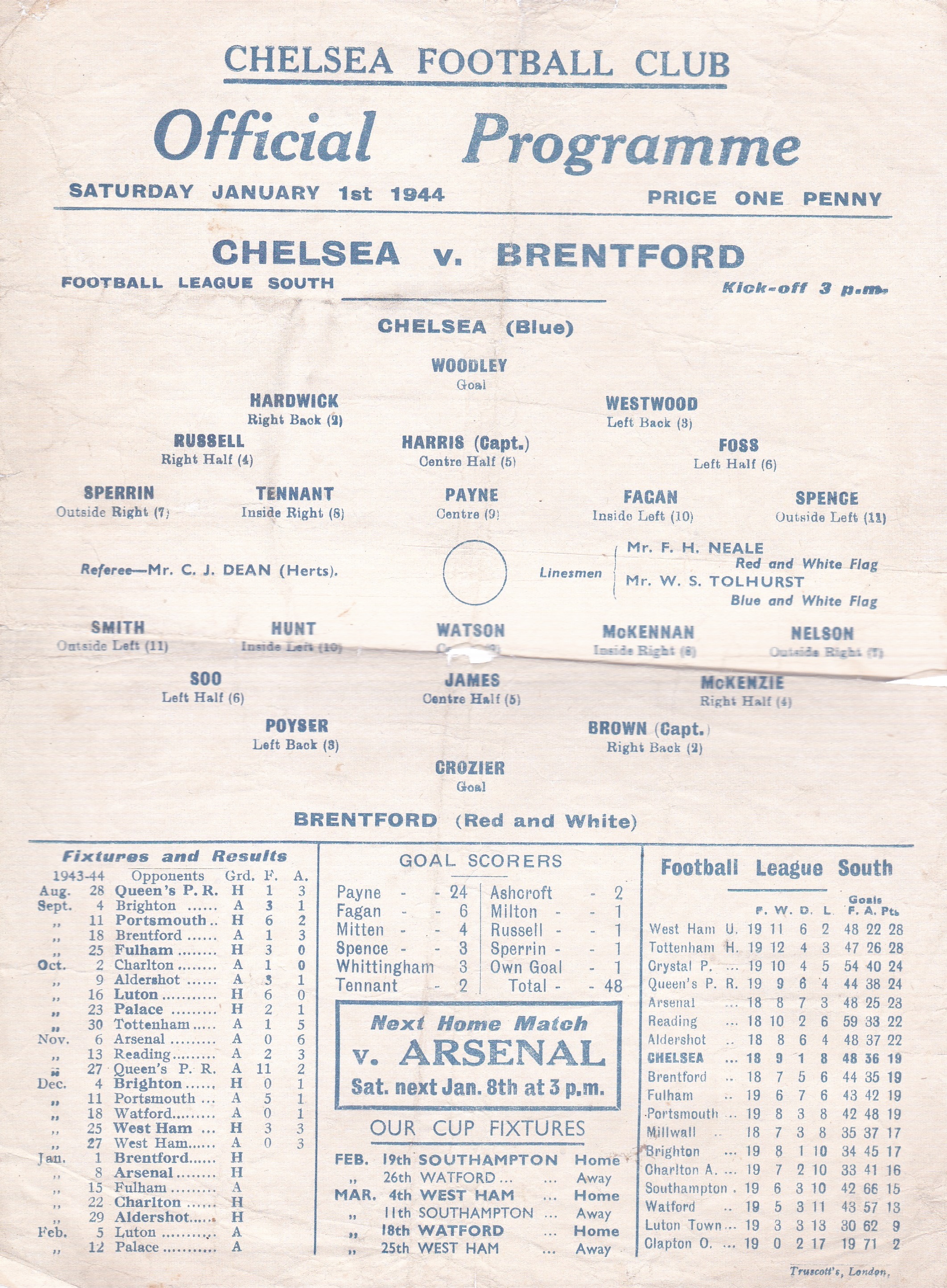 Chelsea v Brentford 1944 January 1st horizontal & vertical folds small hole at centre of folds small