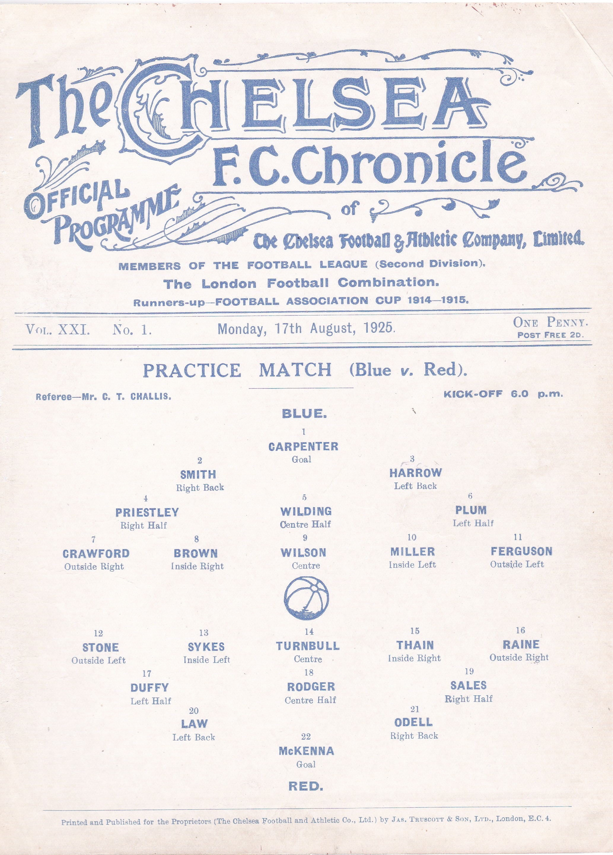 Chelsea Practice Match (Blue v Red) 1925 August 17th