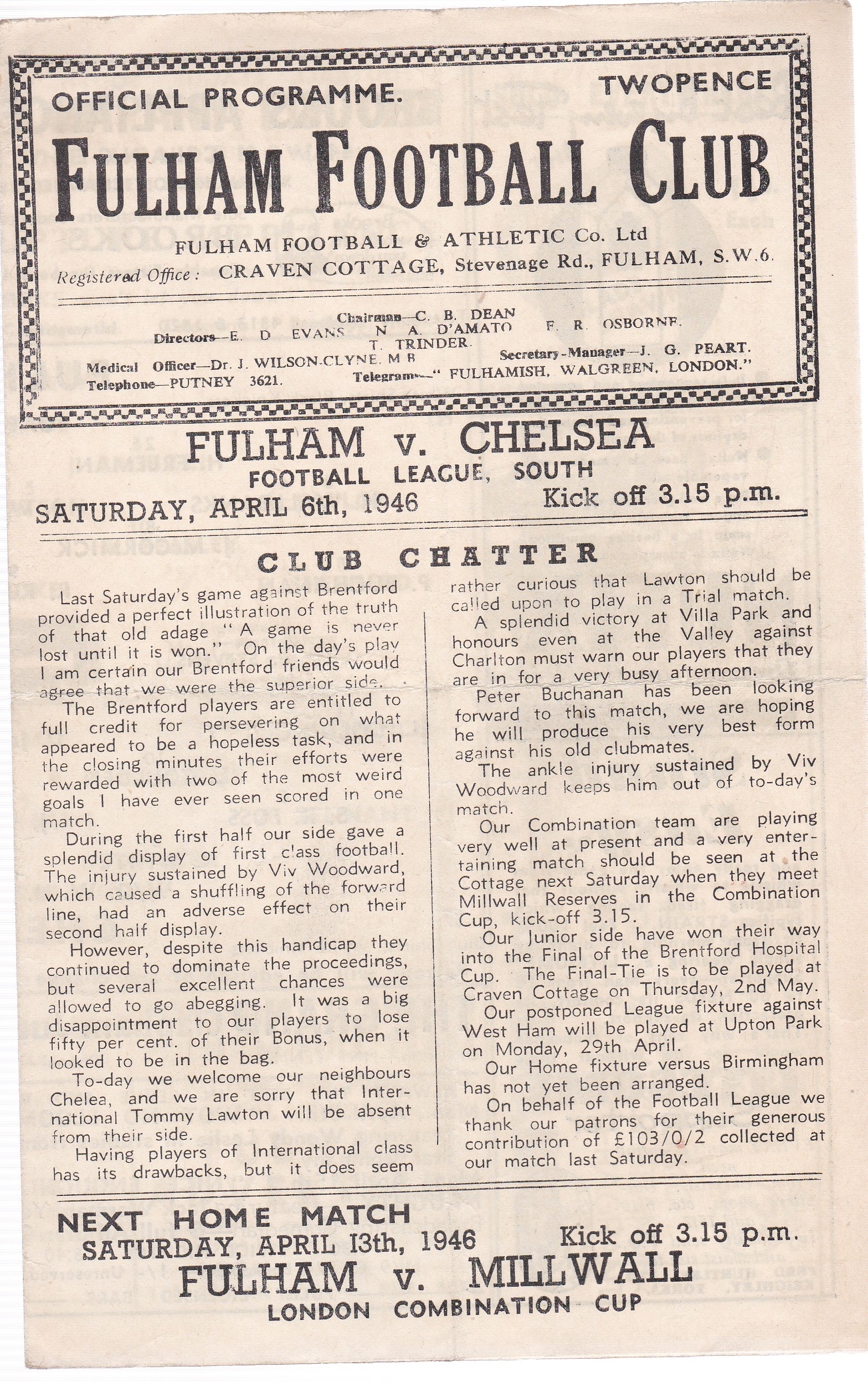Fulham v Chelsea 1946 April 6th horizontal & vertical folds