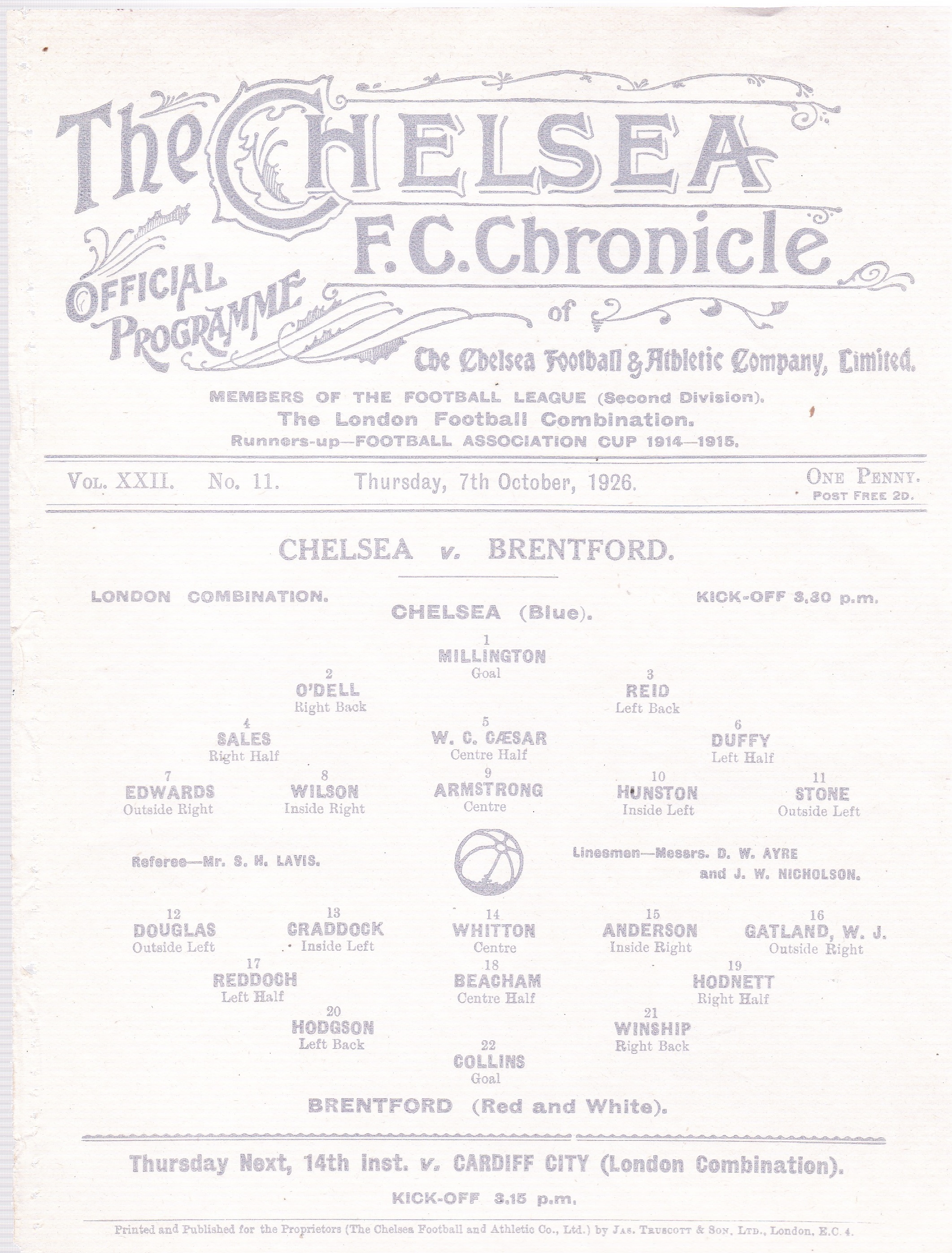 Chelsea v Brentford 1926 October 7th original programme removed from bound volume