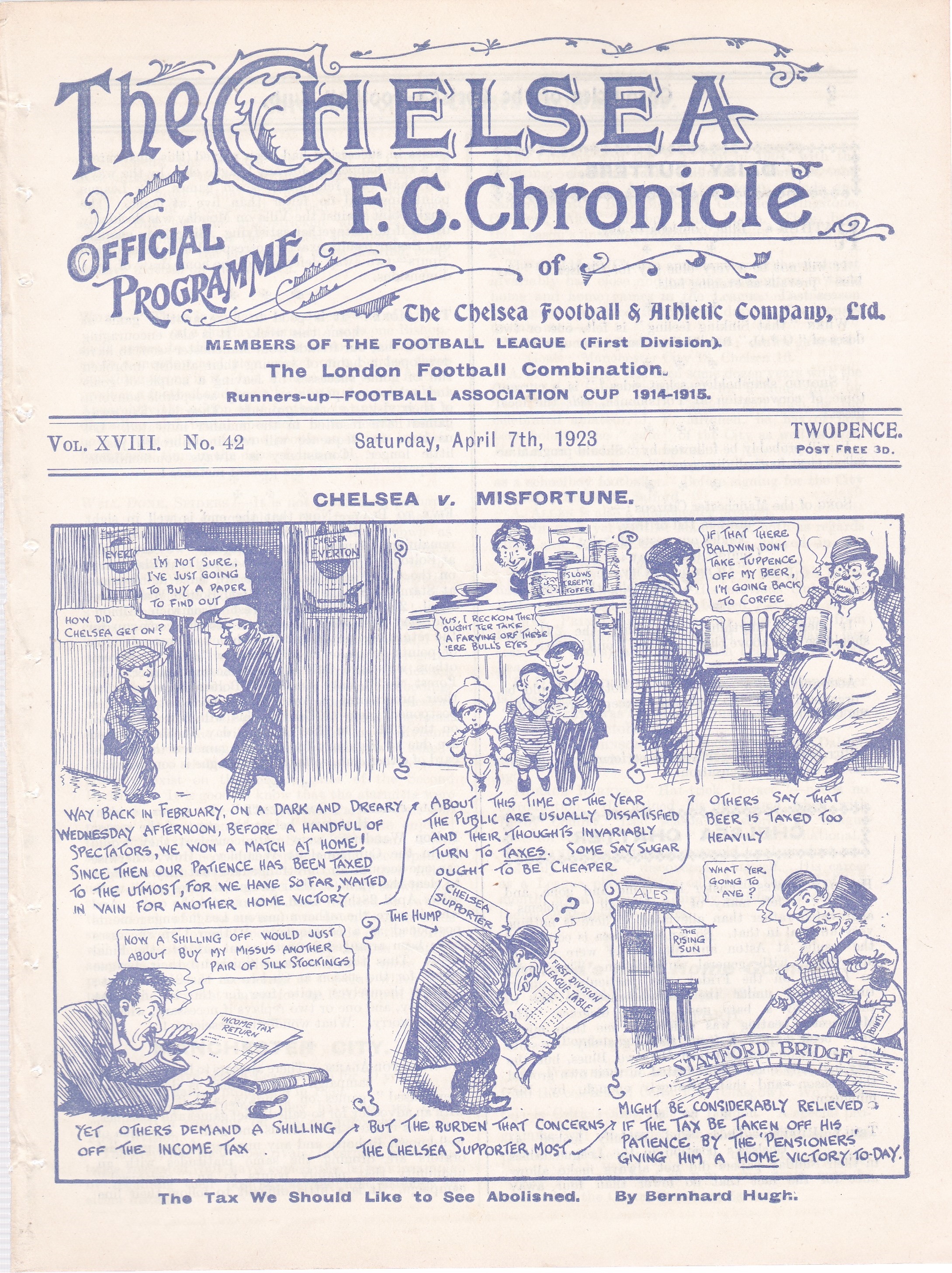 Chelsea v Manchester City 1923 April 7th original programme removed from bound volume