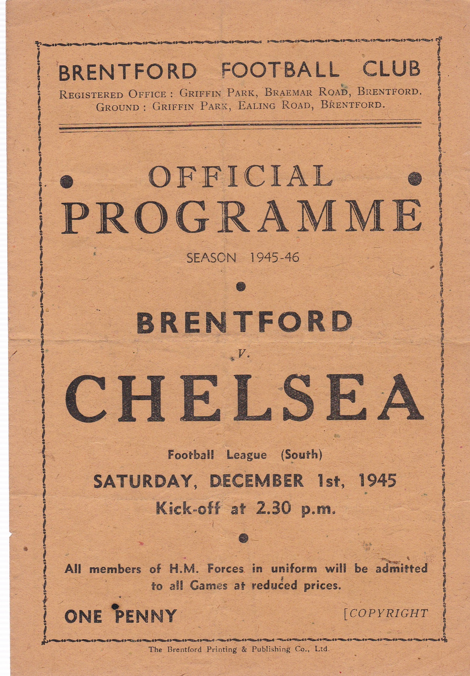 Brentford v Chelsea 1945 December 1st vertical fold