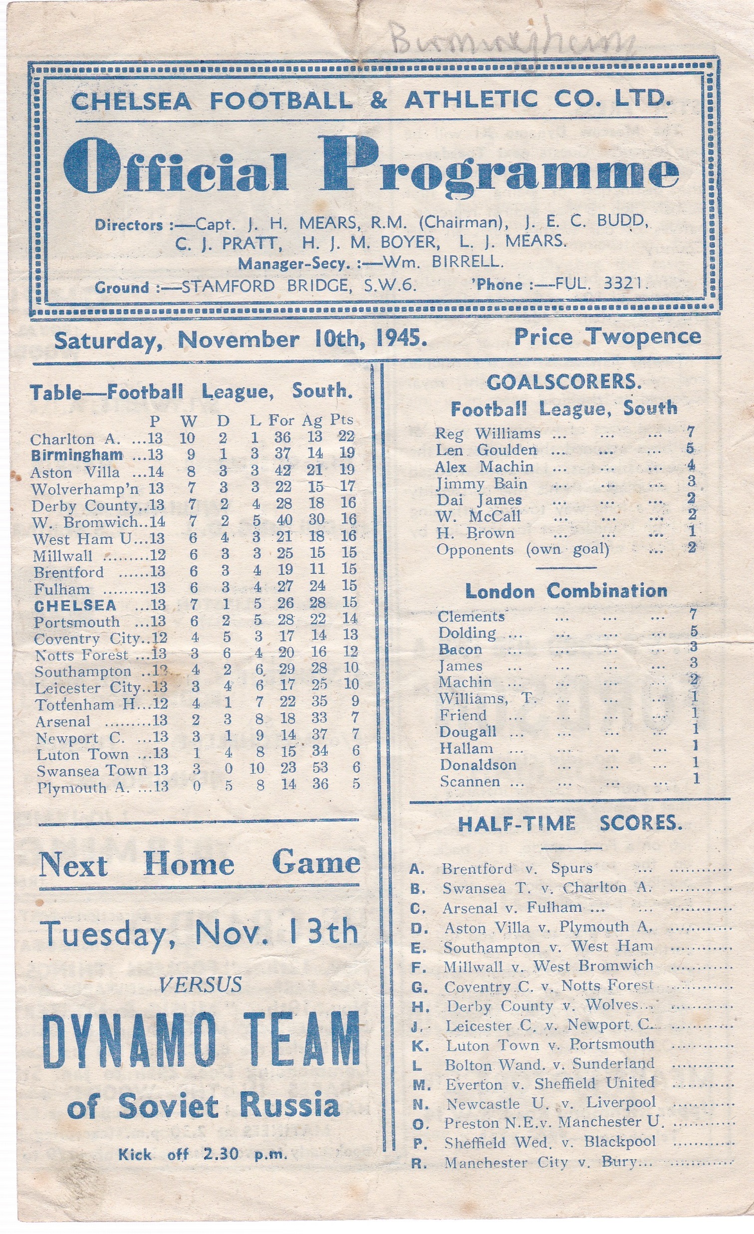 Chelsea v Birmingham City 1945 November 10th horizontal & vertical folds