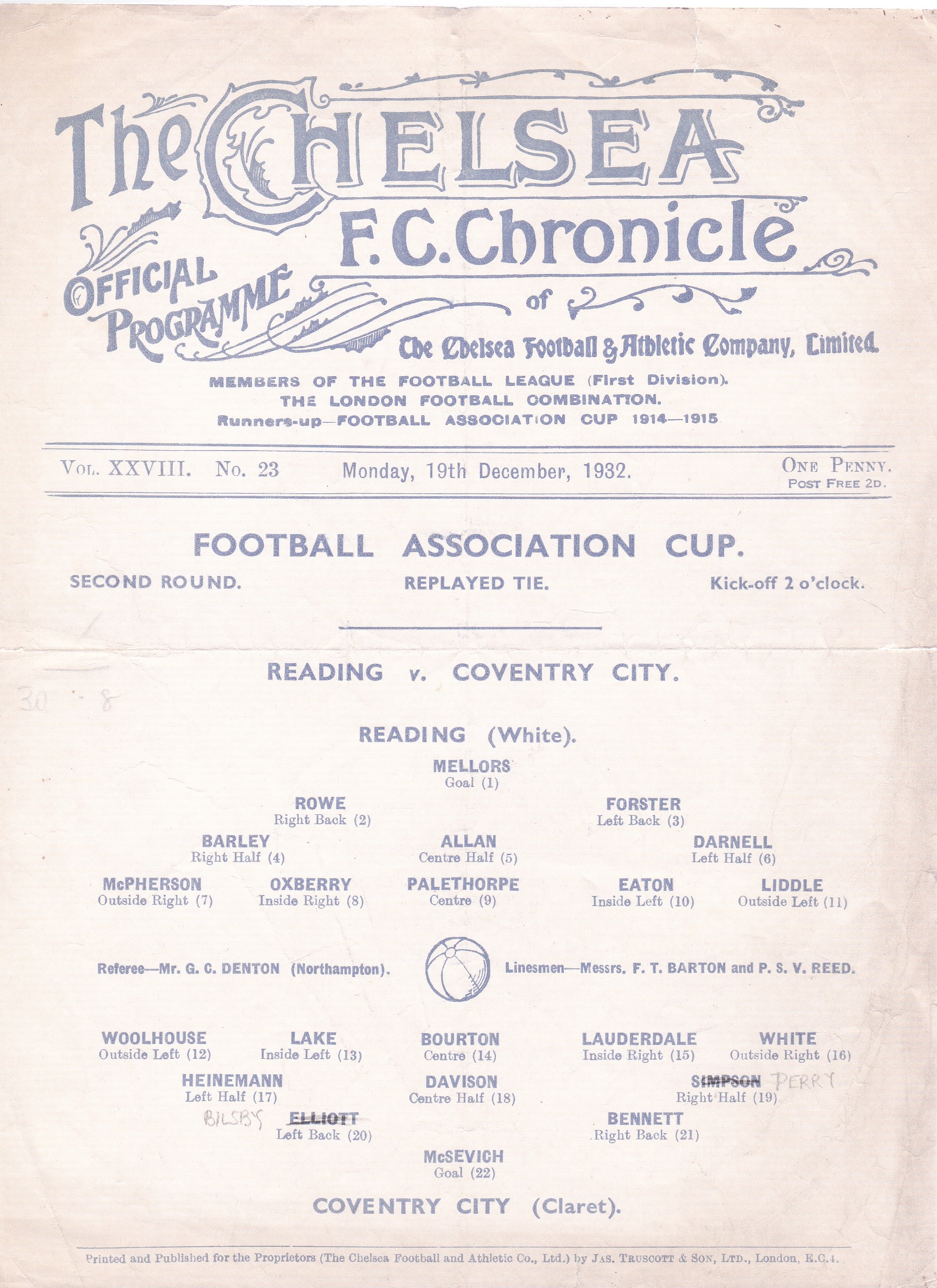 Stamford Bridge 1932 December 19th Reading v Coventry City Football Association Cup 2nd round replay