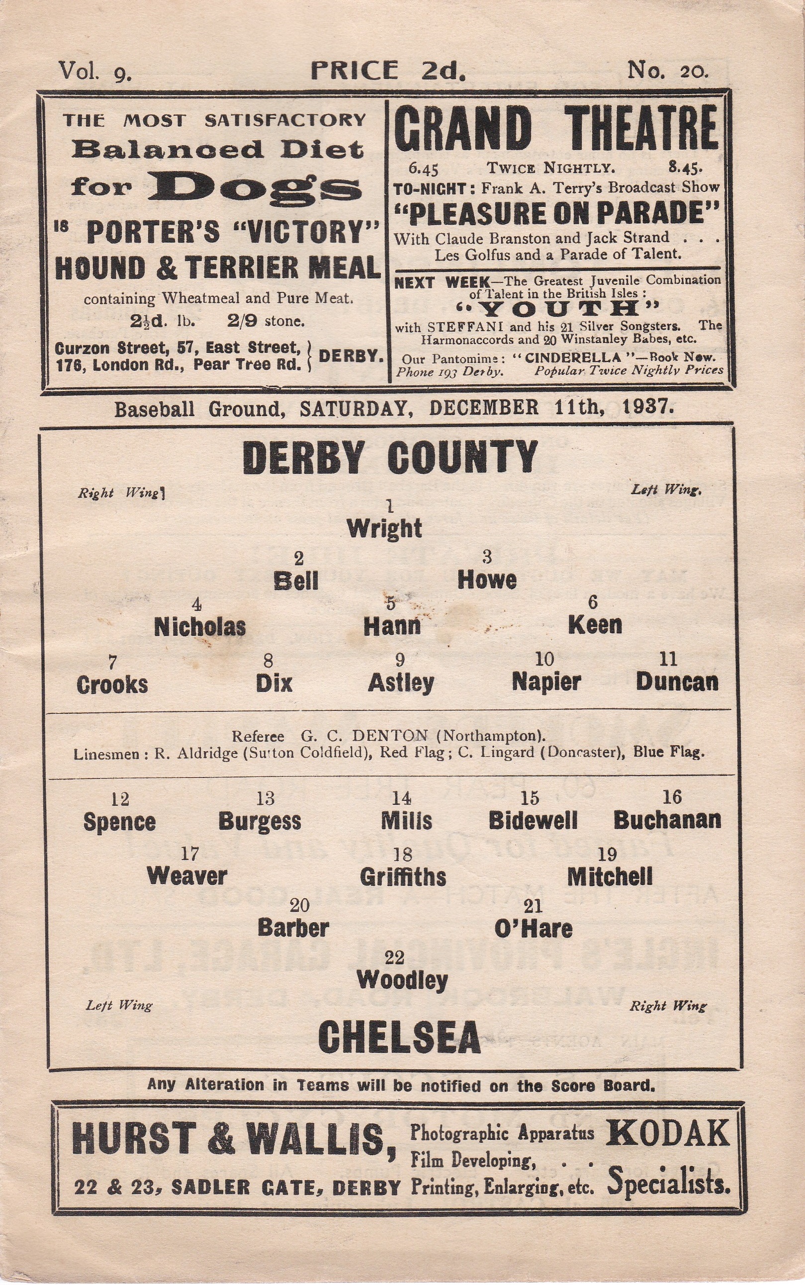 Derby v Chelsea 1937 December 11th