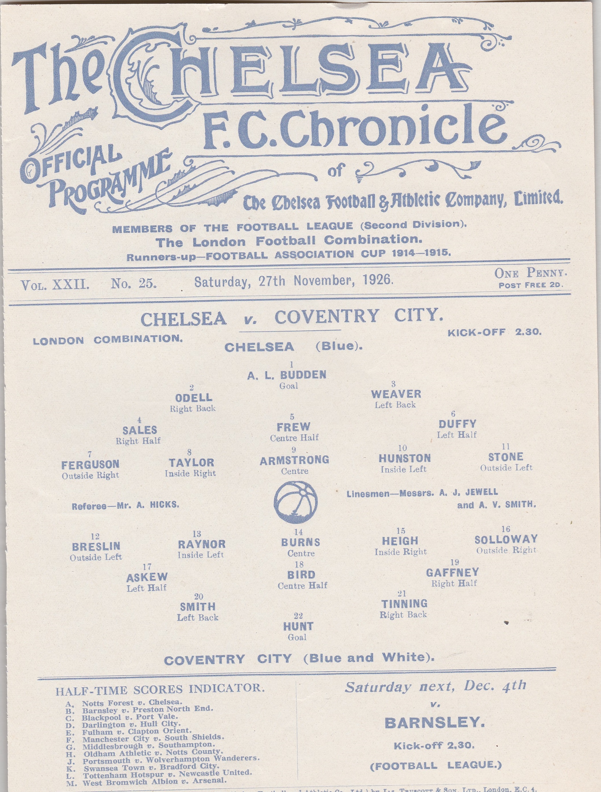 Chelsea v Coventry City 1926 November 27th