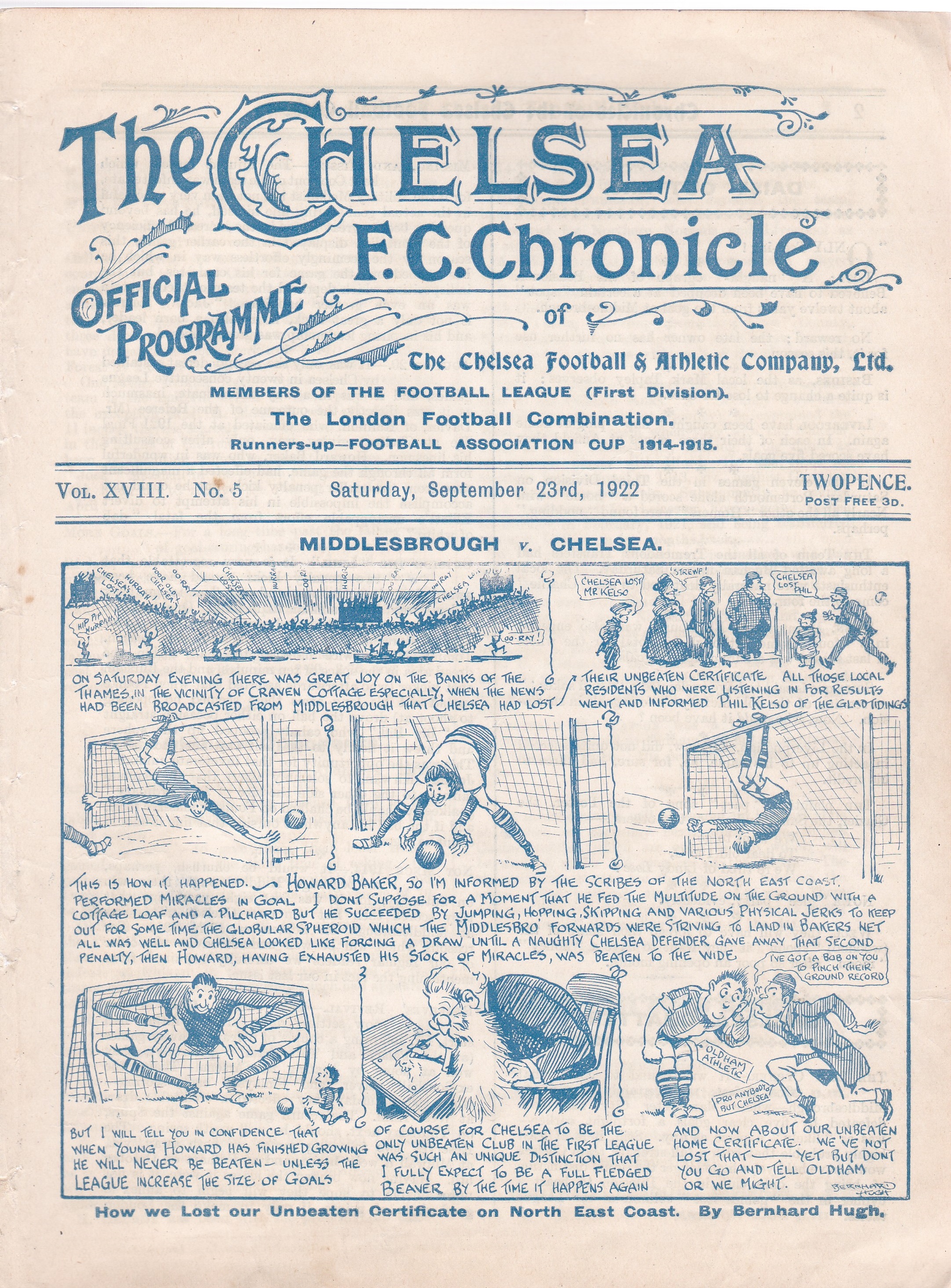 Middlesbrough v Chelsea 1922 September 23rd original programme removed from bound volume