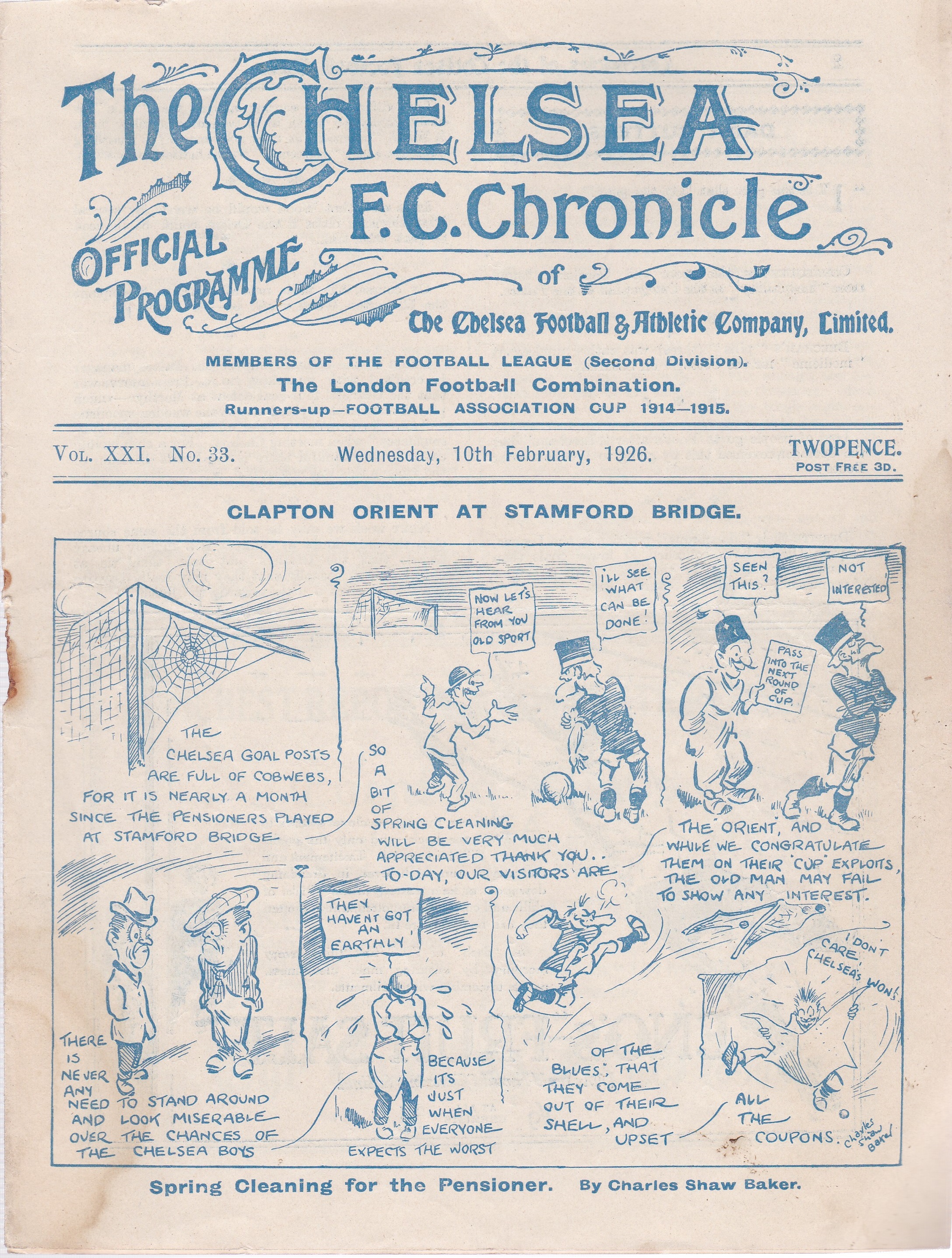 Chelsea v Clapton Orient 1926 February 10th rust hole no staple horizontal fold score graffiti rev