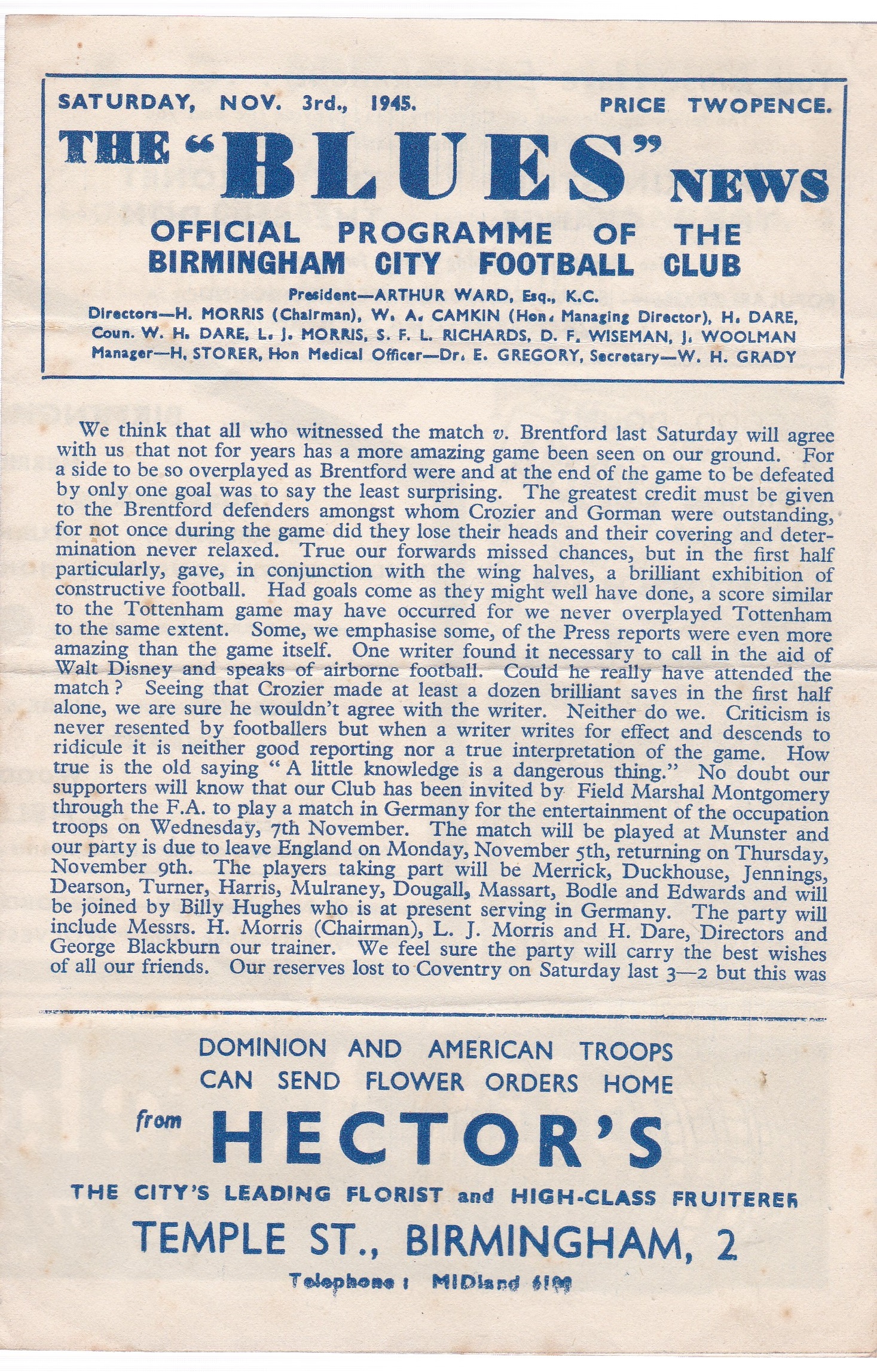 Birmingham City v Chelsea 1945 November 3rd horizontal fold