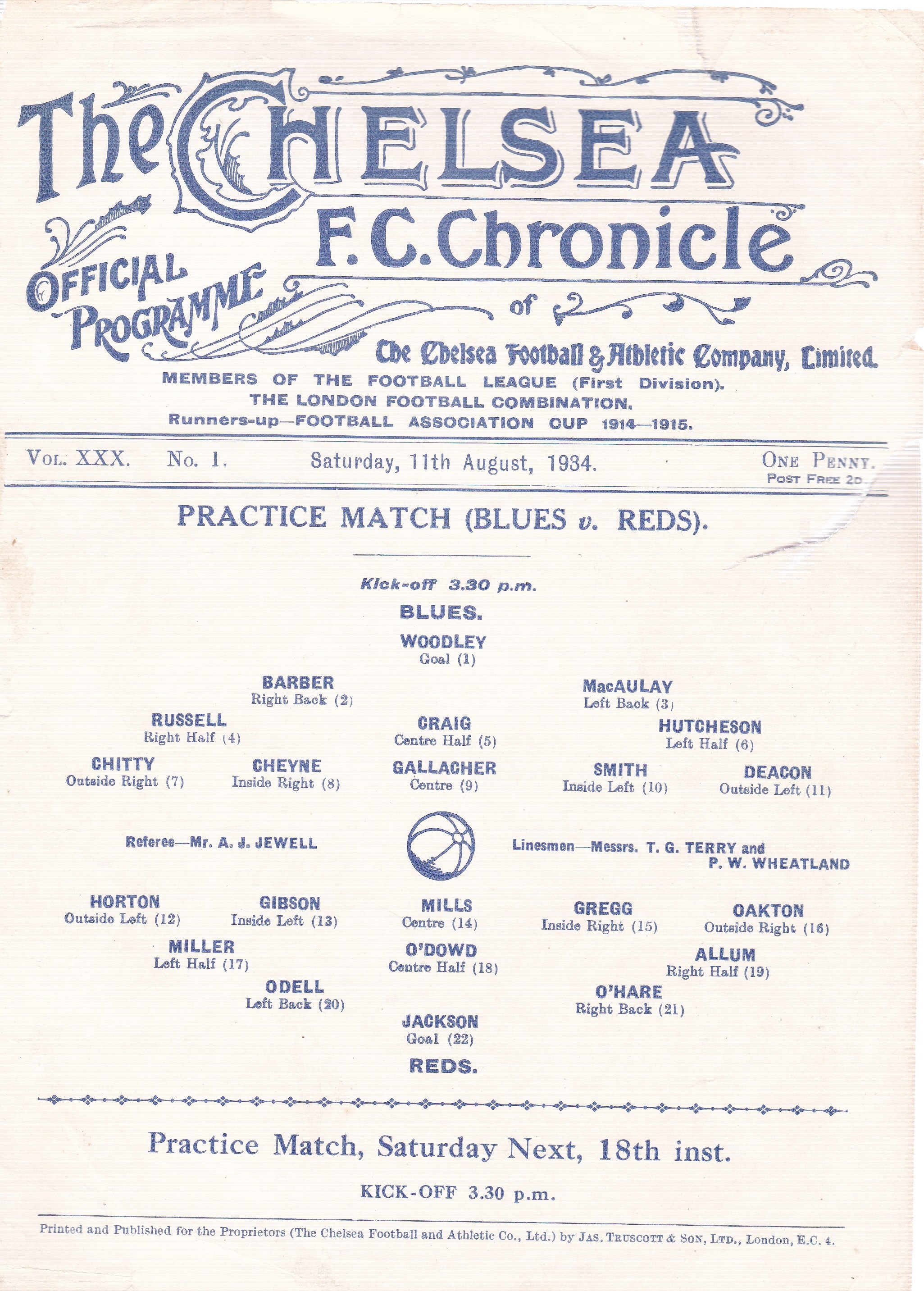 Chelsea Practice Match (Blues v Reds) 1934 August 11th tear right hand side