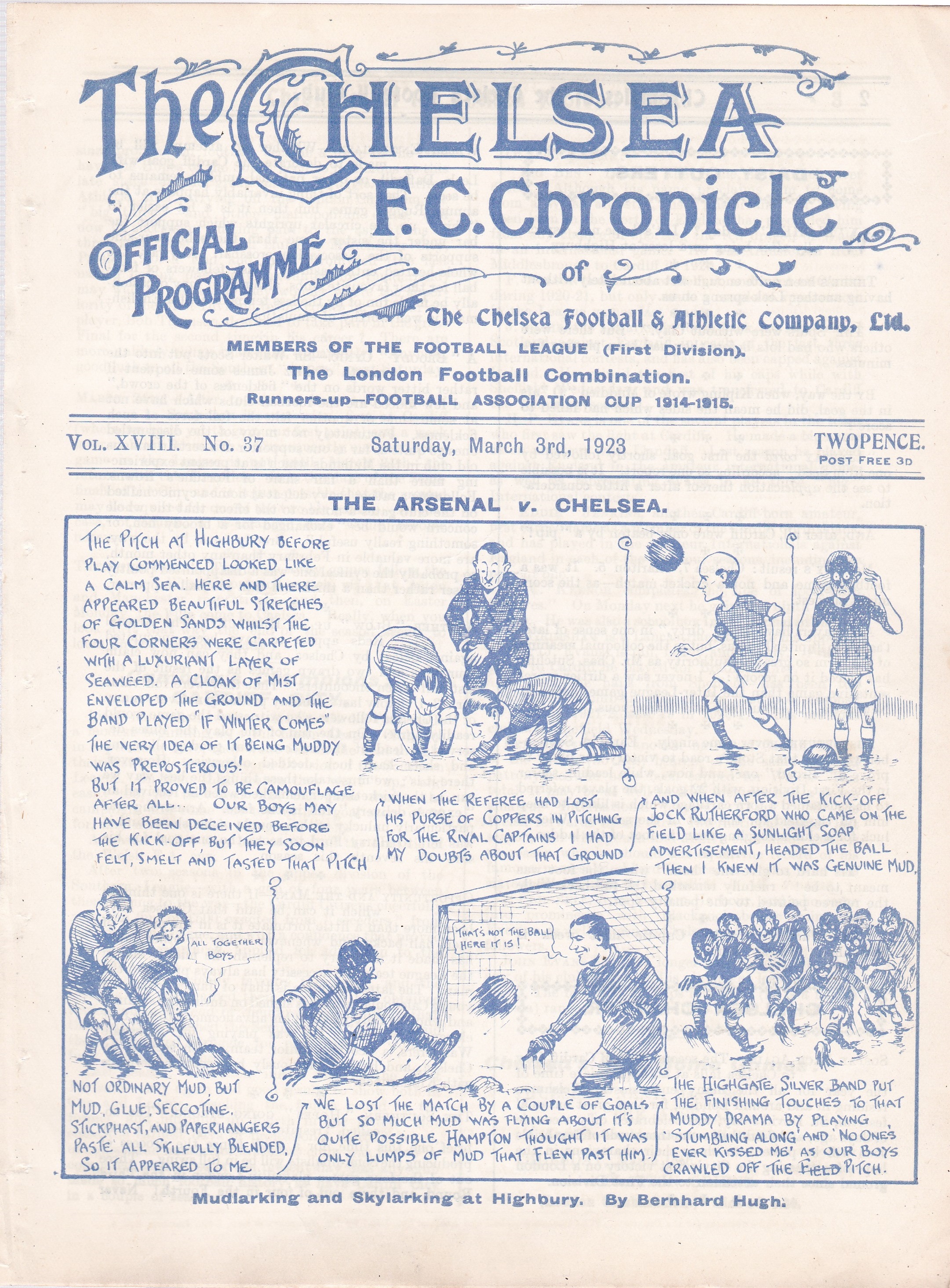 The Arsenal v Chelsea 1923 March 3rd original programme removed from bound volume