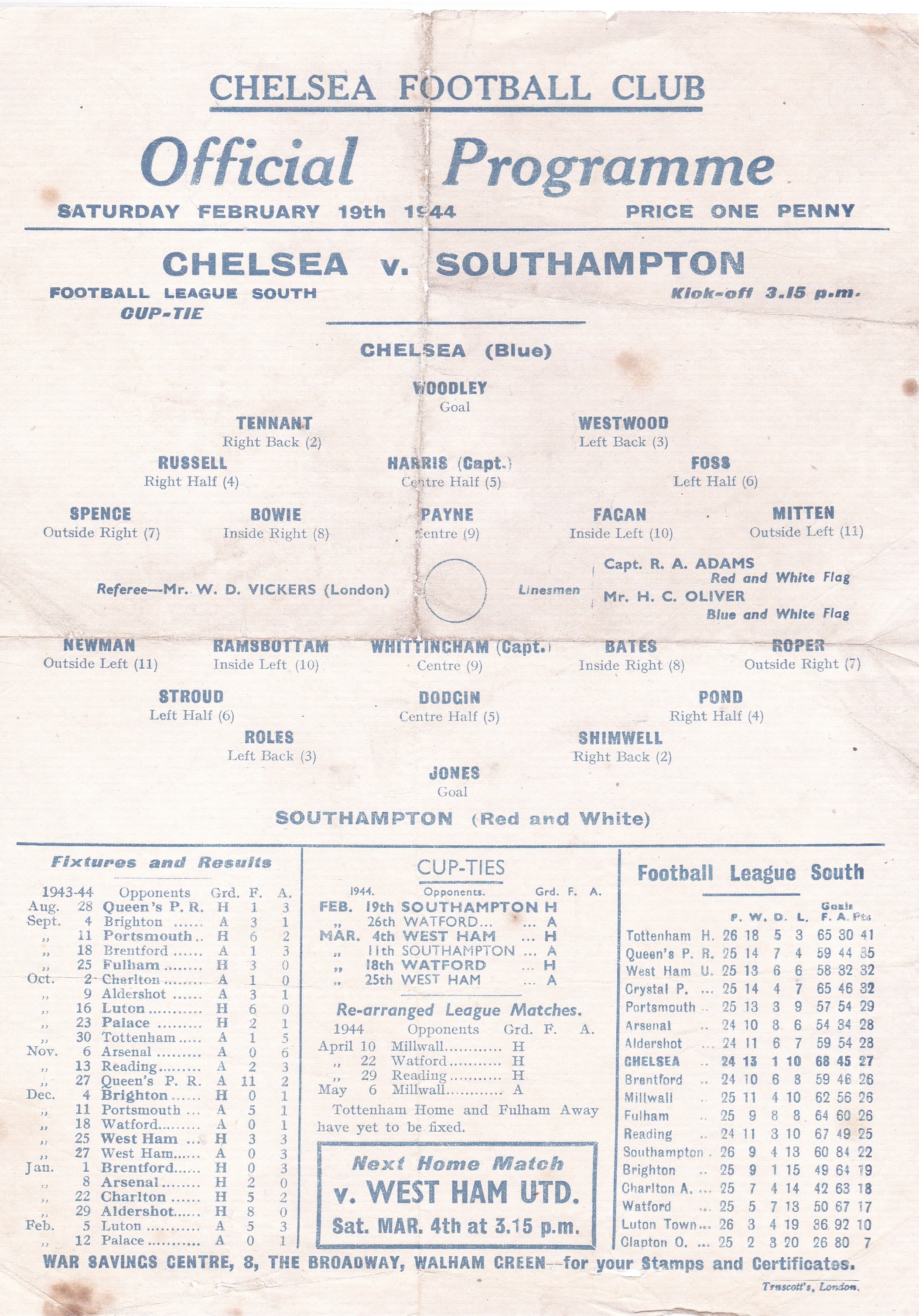 Chelsea v Southampton 1944 February 19th horizontal & vertical folds some foxing