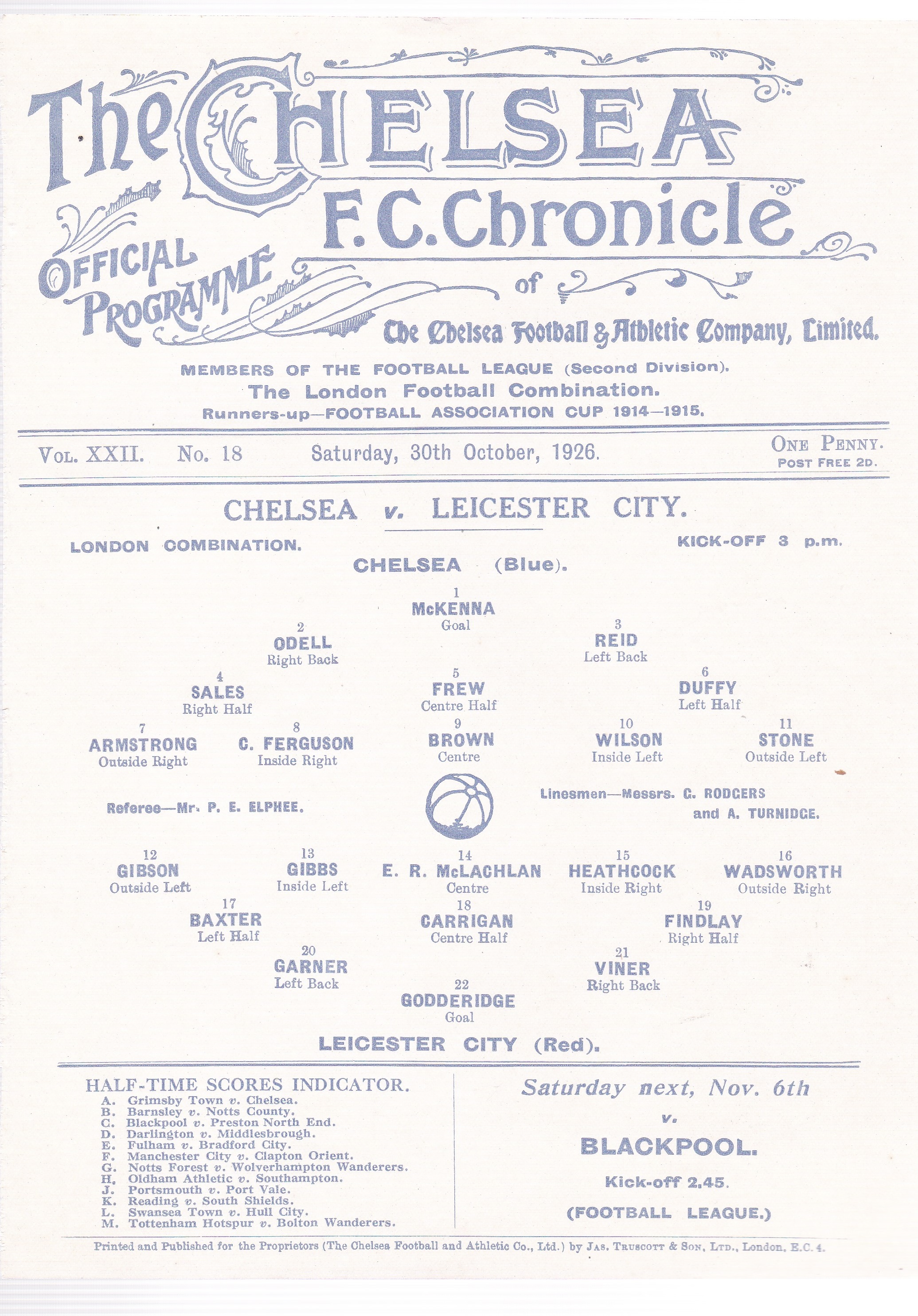 Chelsea v Leicester City 1926 October 30th