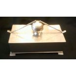 A 1940's hammered pewter cigarette box-golf ball + clubs