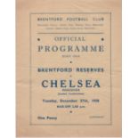 Brentford Reserves v Chelsea Reserves 1938 December 27th horizontal & vertical folds team page