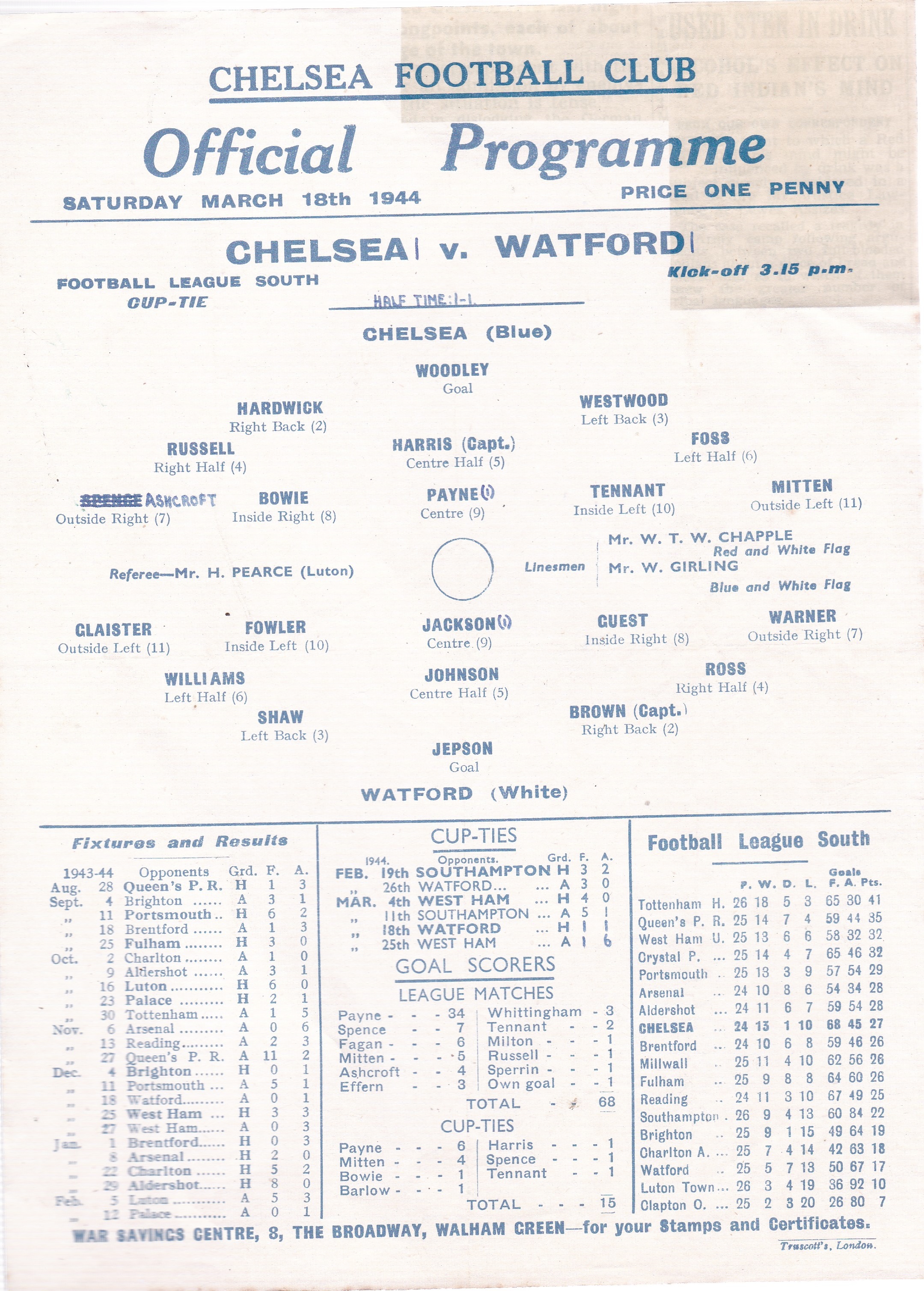 Chelsea v Watford 1944 March 18th horizontal & vertical folds newspaper result report stuck to rev