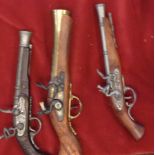 Muskets (3) replica display pieces, a Blunderbuss and two pistols.