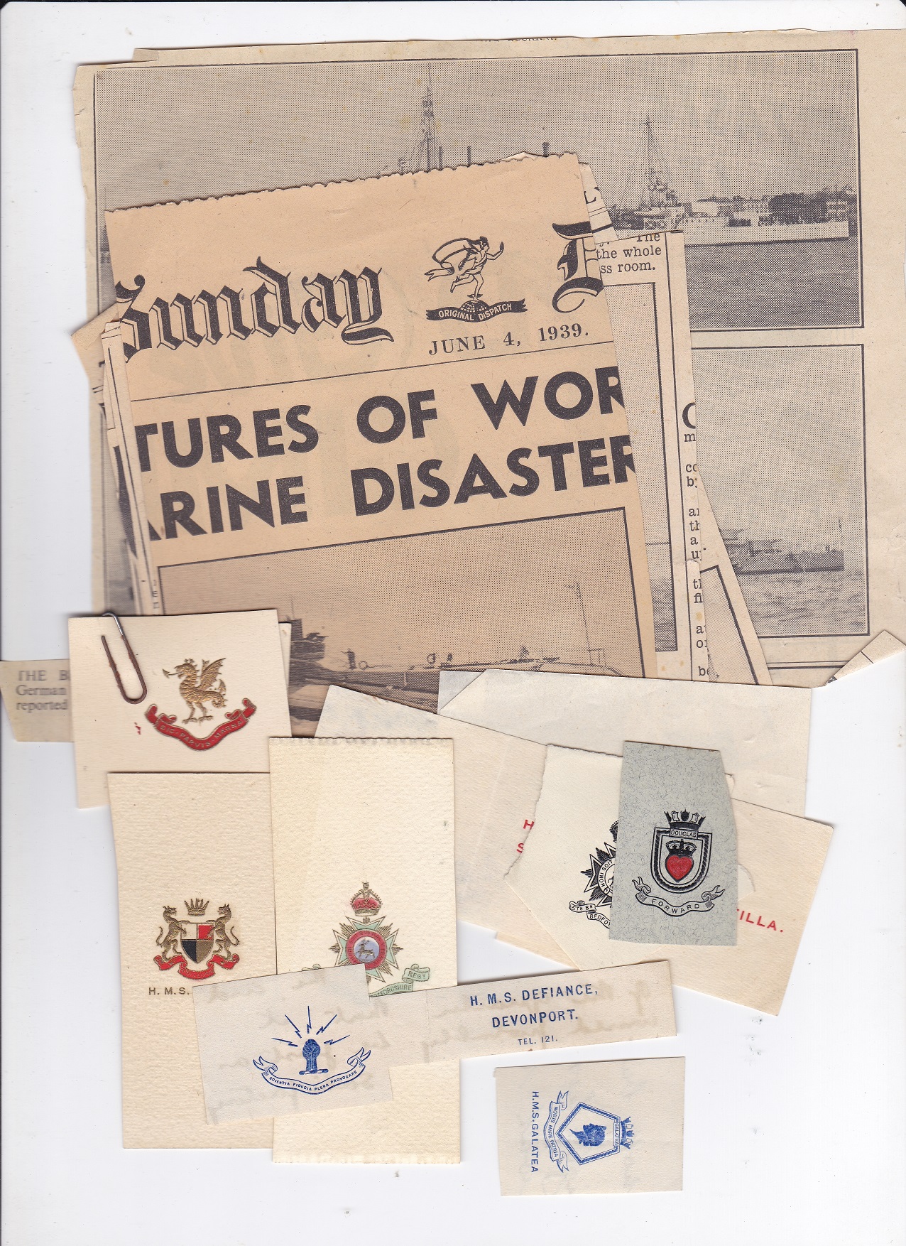 British WWII Royal Navy Ships Letterhead seals and news paper clippings, an excellent selection (