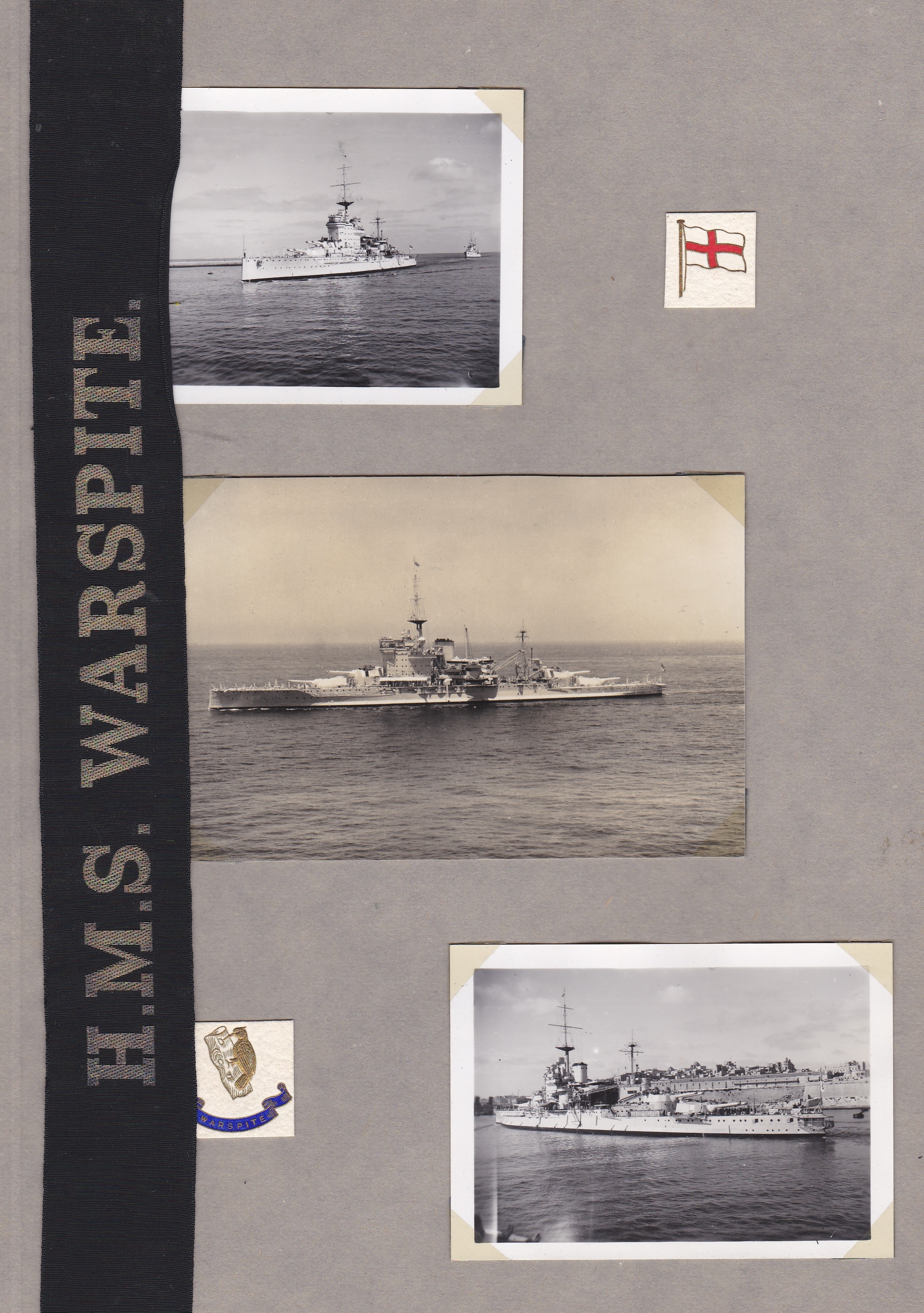 H.M.S. Warspite WWII Sailors Tally and original photographs and postcard of H.M.S. Warspite and H.