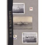 H.M.S. Warspite WWII Sailors Tally and original photographs and postcard of H.M.S. Warspite and H.