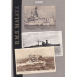 H.M.S. Malaya WWII Cap Tally with original WWII News paper cutting and two postcards showing the