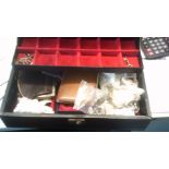 Jewellery Box - 1970's-mixed items - black leather with gold rim-good condition