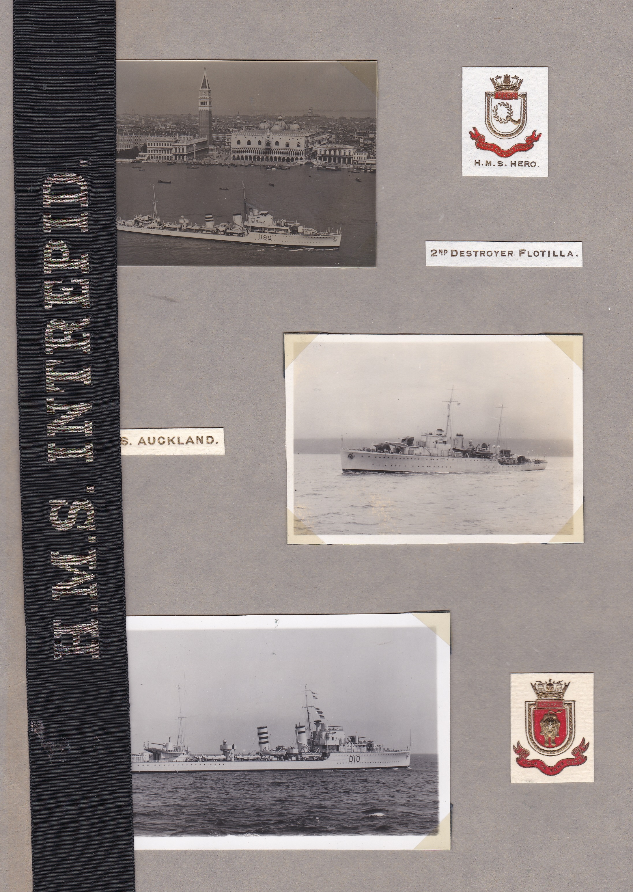 H.M.S. Intrepid WWII Sailors Cap Tally with a sheet showing original photographs of H.M.S. Hero