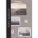 H.M.S. Barham  WWII Sailors Cap Tally with a sheet showing original photographs of H.M.S. Barham