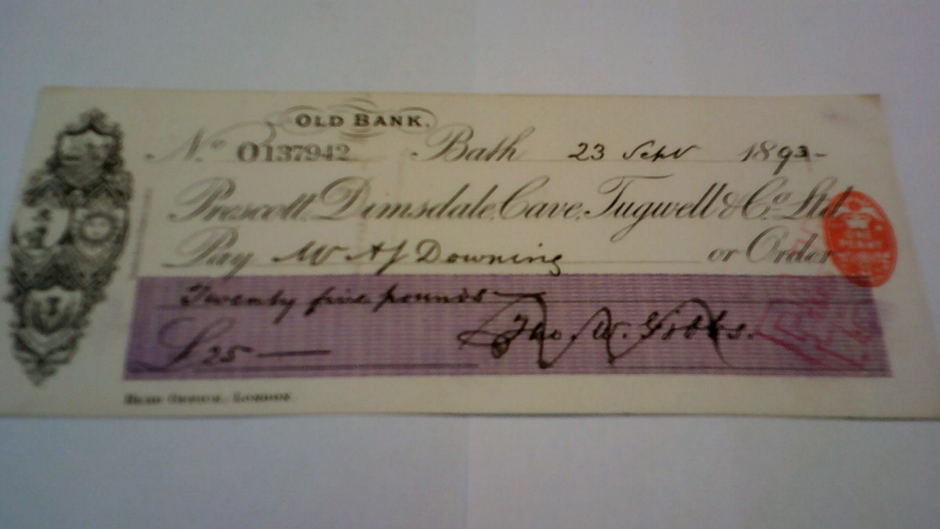 Prescott Dimsdale Cake Tugwell & Co Ltd-Old Bank, Bath-used order RO1.3.92-Black on white purple