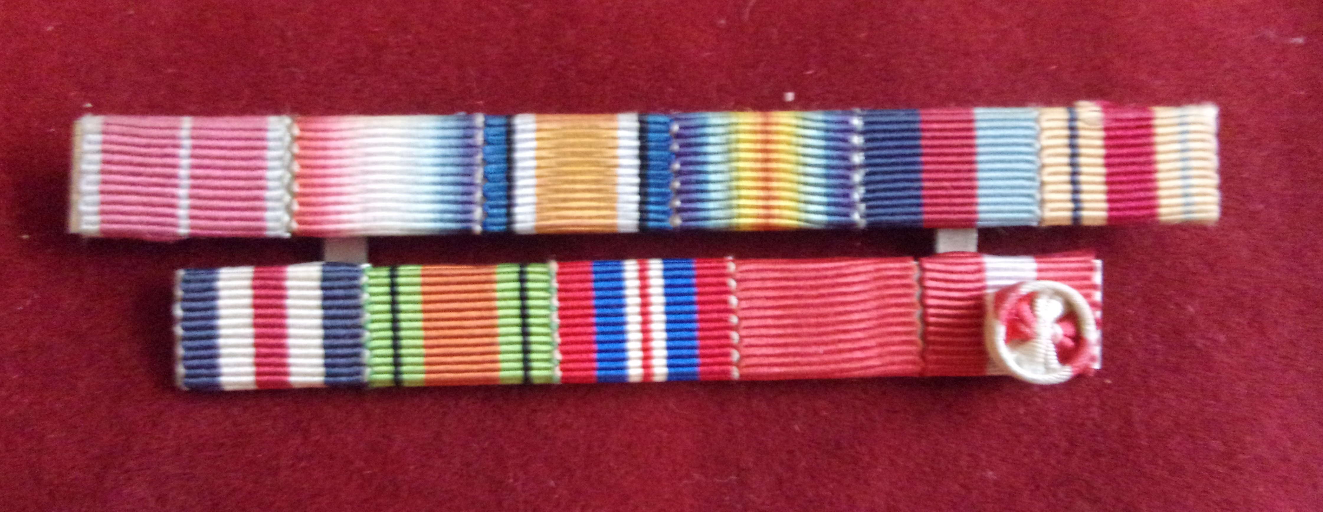 WWI/ WWII Medal Ribbon bar (Court Mounted) Including: OBE, Pip Squeak and Wilfred, 1939-1945 Star,