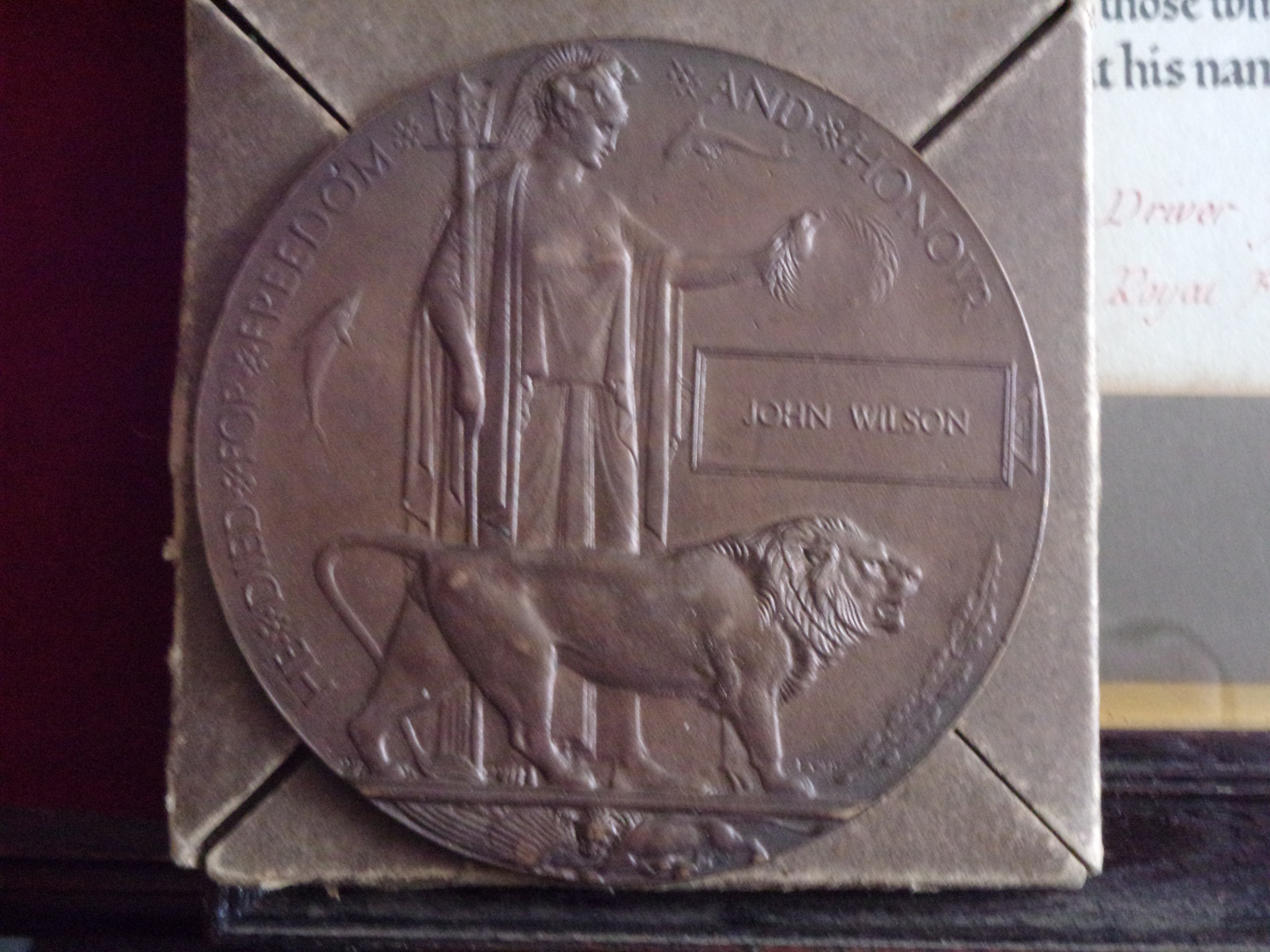 Death Plaque to Driver John Wilson, Royal Artillery with original cardboard case of posting and - Image 2 of 3