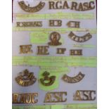 Shoulder Titles - Brass Range of Eighteen including:- Royal Engineers, Irish Fusiliers, Army Service
